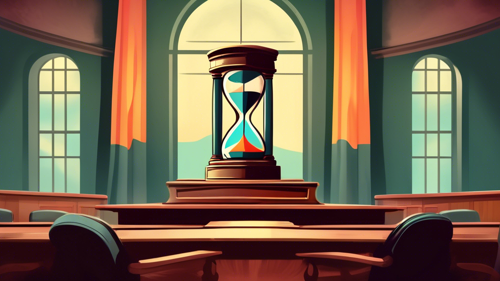 A vintage-style courtroom in British Columbia with a large hourglass in the center, symbolizing the concept of the statute of limitations on debt.