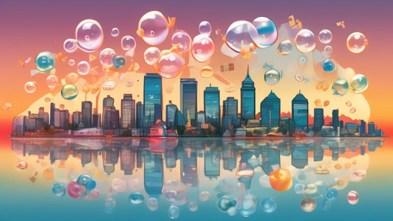 A scenic panoramic view of Vancouver's skyline at sunset, with floating transparent bubbles containing icons of Canadian currency, a piggy bank, a calculator, and intertwined arrows symbolizing consolidation, all gently drifting towards the city's heart.