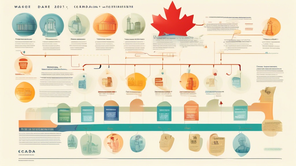 A detailed infographic depicting the timeline and steps involved in Wage Garnishment in Canada, with icons representing legal documents, Canadian currency, and a calendar marking critical dates.