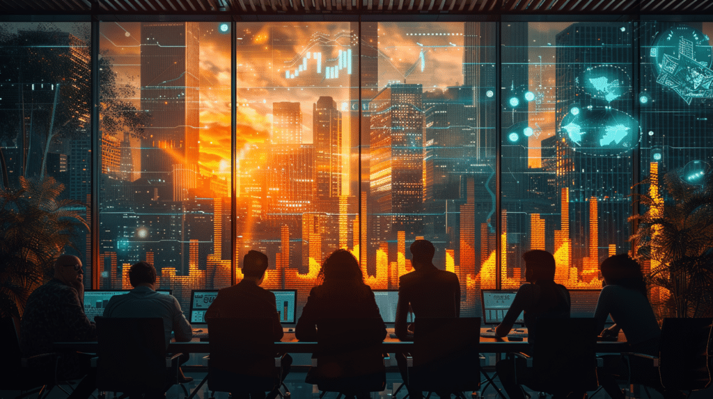 An imaginative meeting table scene where a diverse group of people in business attire are discussing and showcasing various innovative financing models, with symbolic representations like piggy banks, cryptocurrency symbols, and traditional currency, all set against a backdrop of Saskatchewan's iconic landscapes.