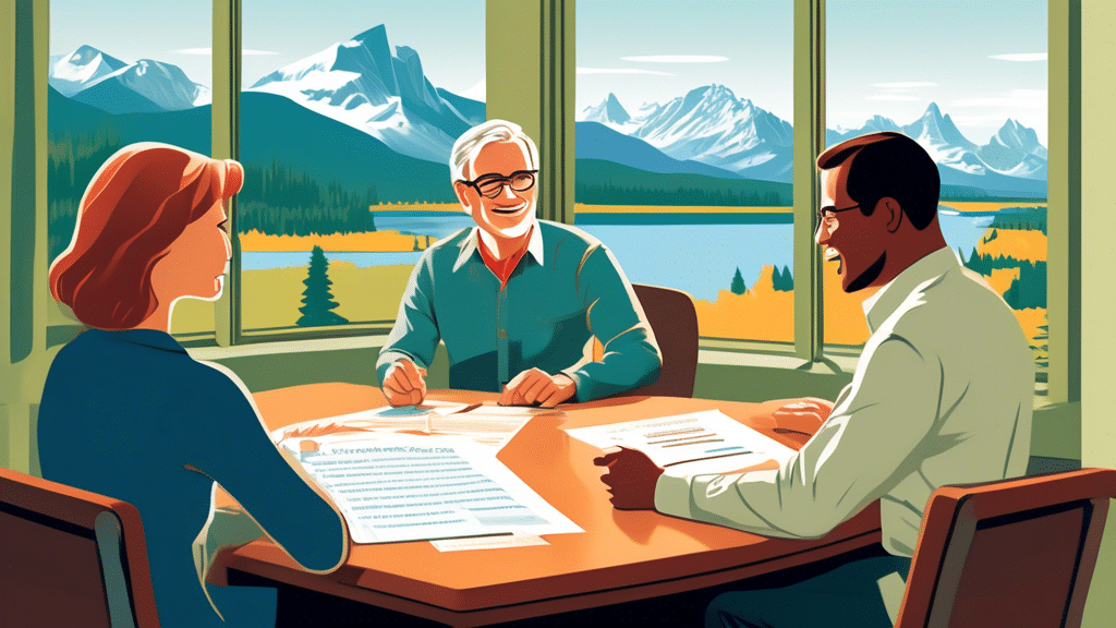 An insightful illustration showing a friendly financial advisor explaining a consumer proposal to a relieved couple in Alberta. The background features ico