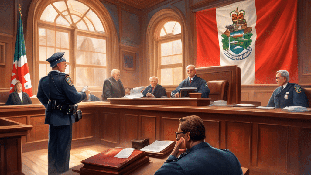 A detailed courtroom scene in Ontario with a judge issuing a writ of execution to an officer, clearly showing legal documents and official stamps, set agai