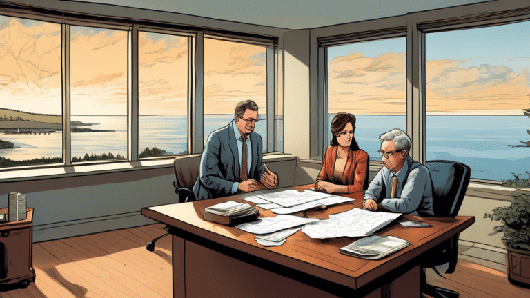 A detailed illustration of a financial advisor discussing bankruptcy solutions with a worried couple in an office setting in Nova Scotia. A backdrop of the