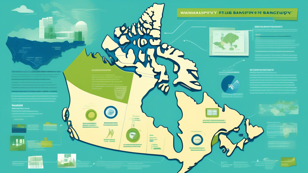 A detailed infographic illustrating the process of filing for bankruptcy in Manitoba, Canada, featuring key steps, legal documents, financial figures, and