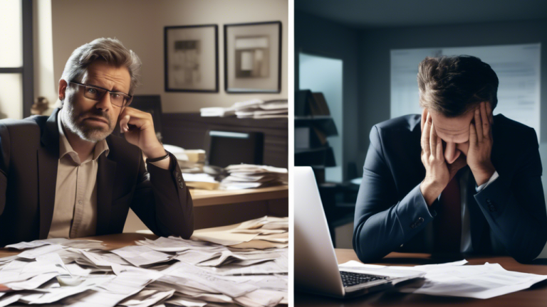 A split-screen image where the left side depicts a stressed and overwhelmed individual surrounded by piles of bills and collection notices to represent ban