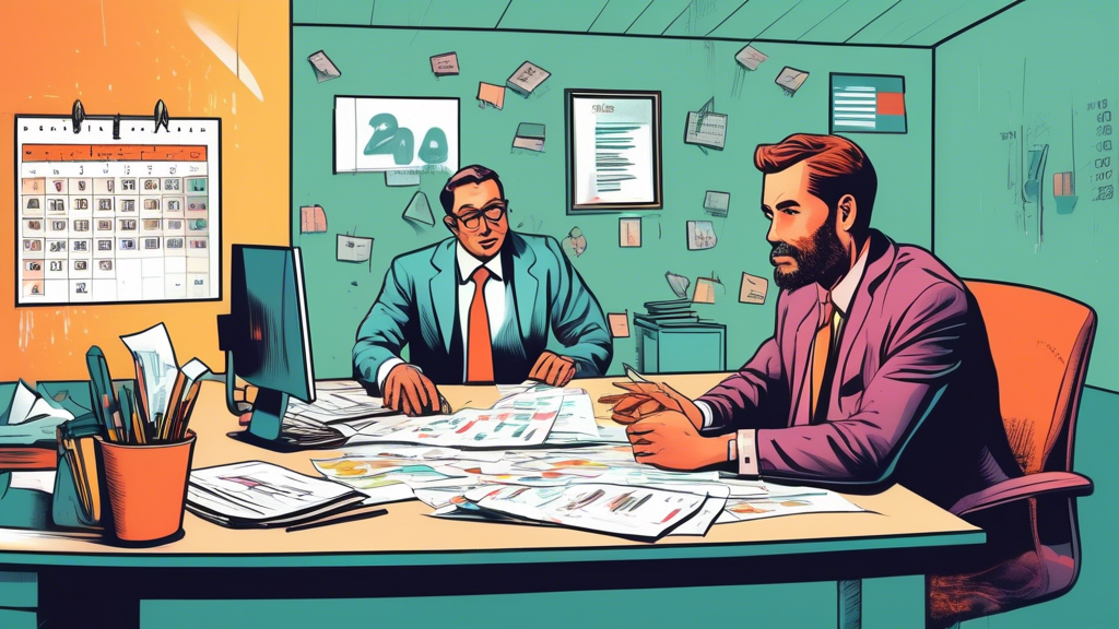 An illustration of a financial advisor explaining bankruptcy surplus income rules to a distressed individual at a desk, with a 2023 calendar visible on the