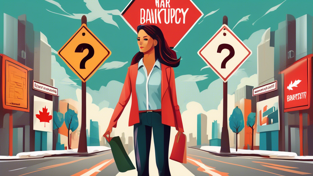 An image depicting a Canadian woman holding two documents labeled Bankruptcy and Consumer Proposal in each hand, standing at a crossroads with signs pointi