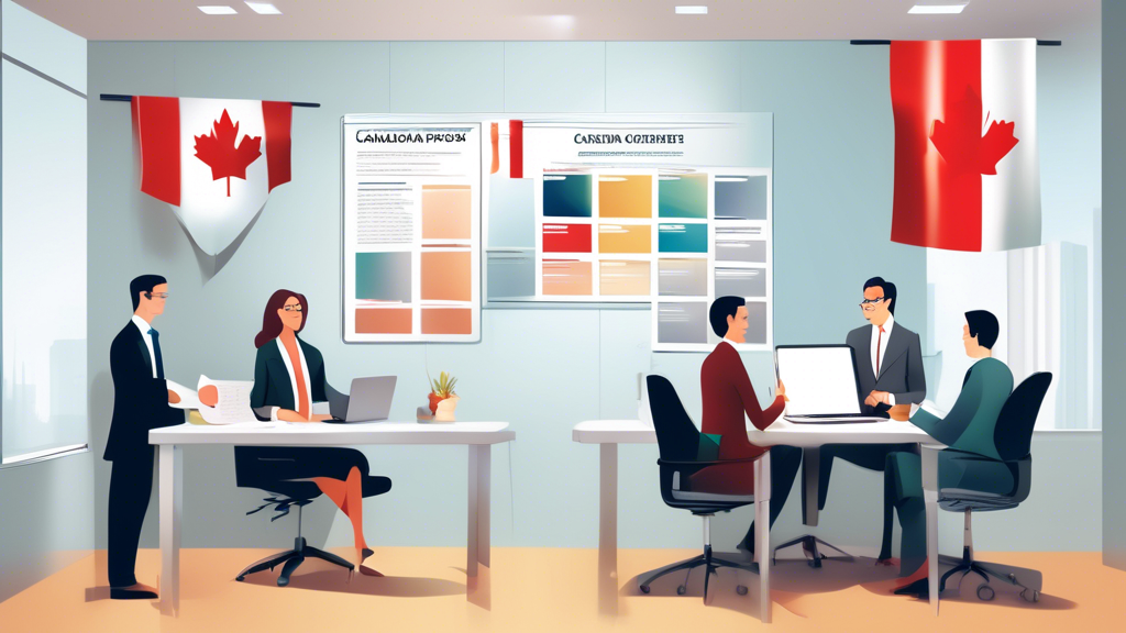 Create an image of a professional office setting in Canada with financial advisors discussing documents with clients. Incorporate elements showing a welcom