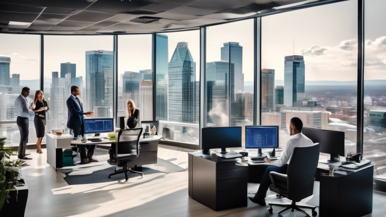 A professional office setting with a Calgary skyline visible through the windows. In the foreground, a team of diligent debt collection agents working at d