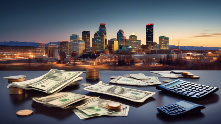 A visually balanced image depicting a serene and calm scene of Calgary's skyline at twilight. In the foreground, place various financial symbols, such as d