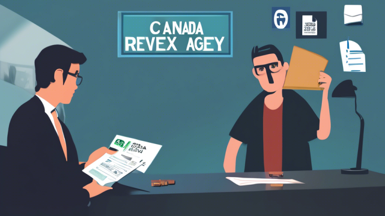 An illustration showing a concerned employee at their desk, holding a letter with the CRA (Canada Revenue Agency) logo on it. In the background, a shadowy