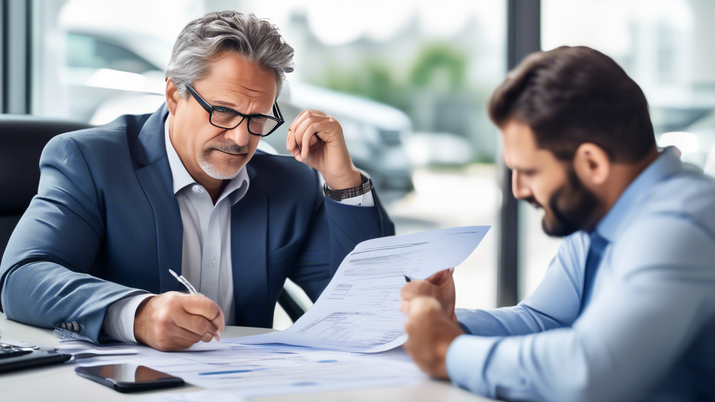 A middle-aged individual sitting at a desk covered with financial documents, visibly relieved and focused, reviewing a car loan application with a bankrupt