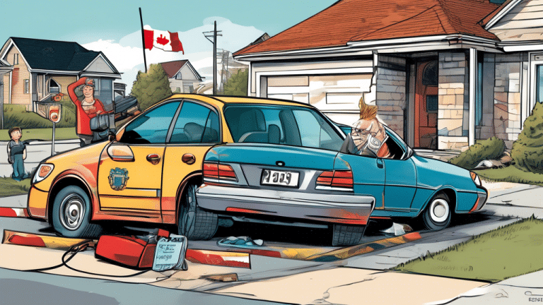 An illustration of a car being repossessed in Ontario, Canada. The scene includes a tow truck with a vehicle being loaded onto it in a suburban neighborhoo