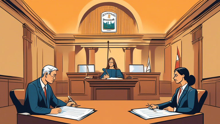 Create an image depicting a serene courtroom in Ontario where legal documents related to collection agency laws are prominently displayed. The scene includ