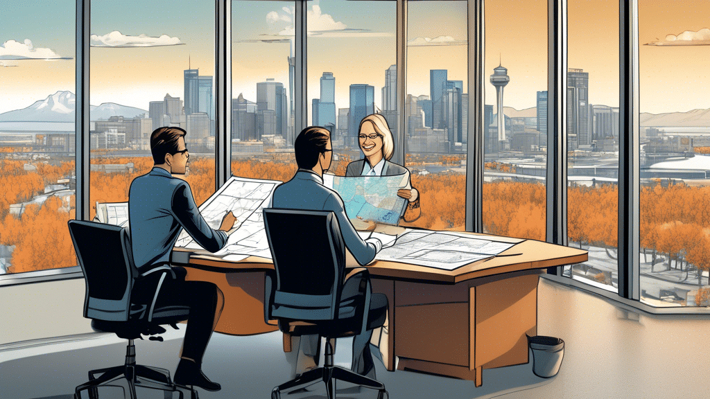 A detailed illustration of a friendly financial advisor sitting at a desk with a map of Calgary in the background. The advisor is showing a diverse couple