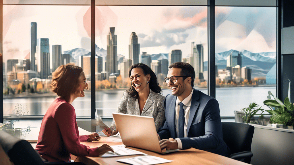 A friendly financial advisor sitting with a smiling couple in a modern office in Calgary, while explaining consolidation loan benefits on a laptop screen.