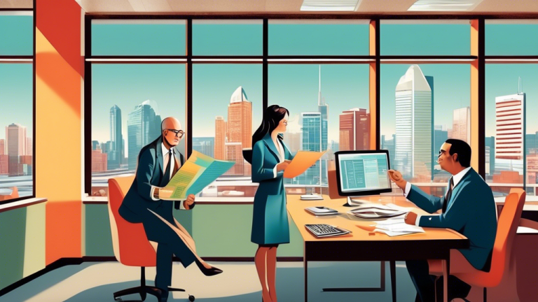 A detailed illustration depicting individuals in a professional office setting in Edmonton, Alberta, discussing consumer proposals with a financial advisor