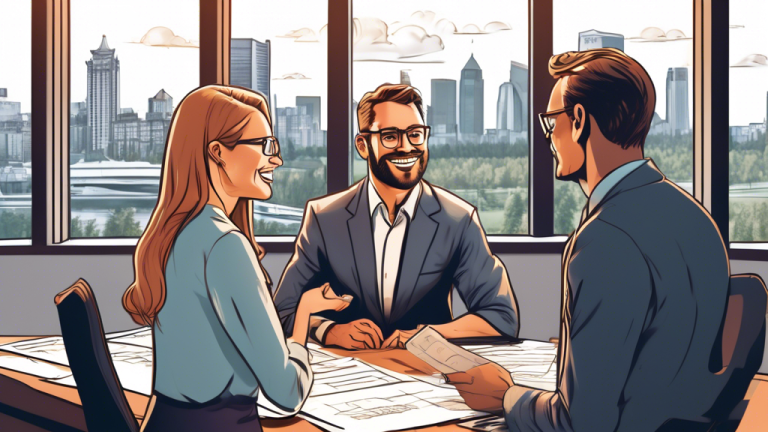 A detailed illustration of a financial advisor in a modern Edmonton office, explaining the consumer proposal process to a couple. The couple looks relieved