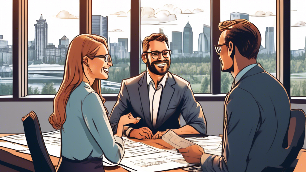 A detailed illustration of a financial advisor in a modern Edmonton office, explaining the consumer proposal process to a couple. The couple looks relieved