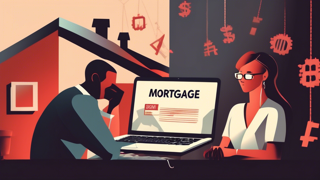 An image illustrating the concept of a consumer proposal impacting a mortgage. Show a worried-looking couple sitting at a table covered with financial docu