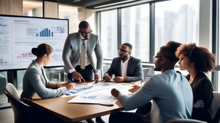 A group of diverse business professionals gathered around a conference table engaged in a collaborative discussion, reviewing a detailed consumer proposal