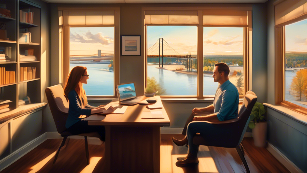 A serene office setting in Sault Ste. Marie with a professional counselor sitting across from a client, engaged in a supportive conversation. The office is