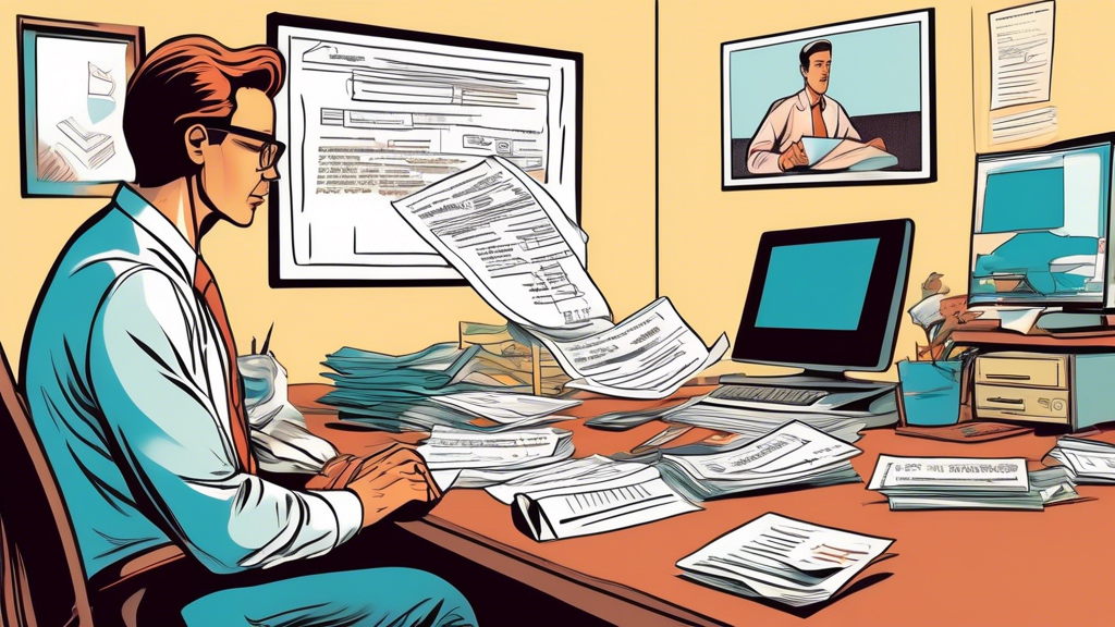 A concerned person with visible worry lines sits at a desk cluttered with overdue bills and loan documents. In the background, a friendly loan officer offe