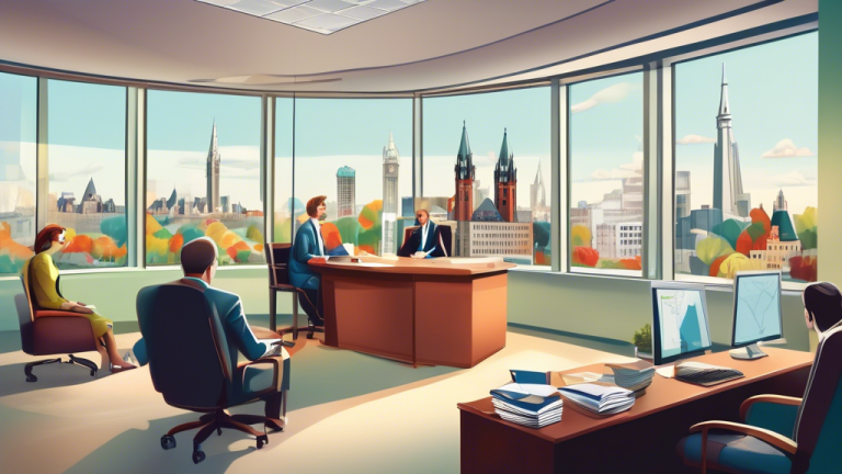 A welcoming office environment in Ottawa where a friendly debt counselor is providing financial advice to a diverse group of clients. The scene represents