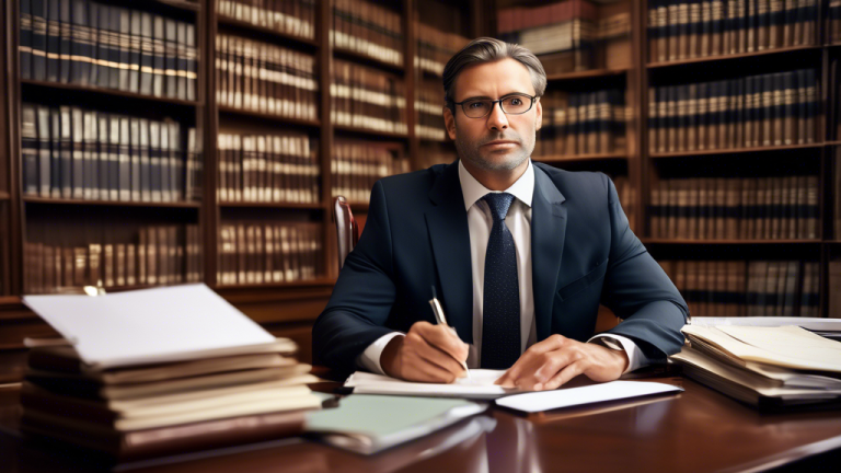 A professional debt lawyer in a formal office setting, with shelves of legal books behind them, sitting at a polished wooden desk covered with paperwork an