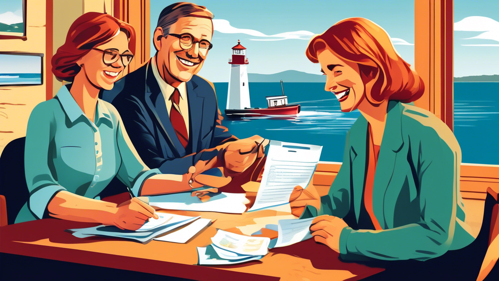 An illustration of a friendly financial advisor sitting at a desk with a smiling couple in Nova Scotia, Canada. The couple is holding documents that say De