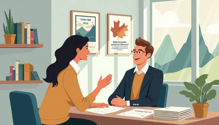 A friendly financial advisor sitting at a desk, explaining the benefits of a consumer proposal to a couple who look relieved and hopeful. The background sh