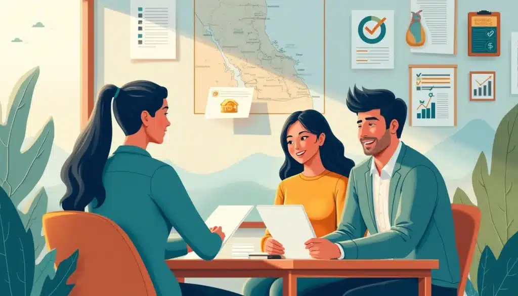 A detailed illustration showing a financial advisor sitting at a desk with a couple, discussing financial documents and a proposal. In the background, a ma