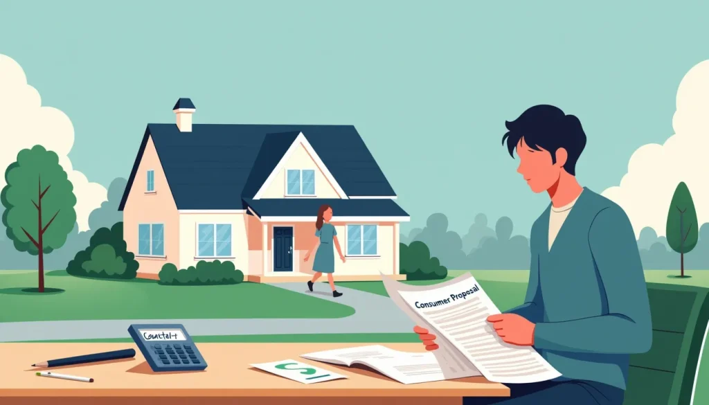 A well-maintained suburban house with manicured lawn; in the foreground, a person reading a stack of documents labeled 'Consumer Proposal.' The background