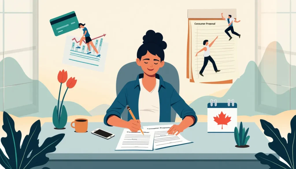 An illustration showing a person sitting at a desk, looking relieved as they sign a set of documents labeled Consumer Proposal. Surrounding them are simpli