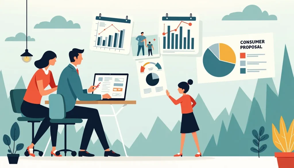 An informative and professional illustration depicting the process of consumer proposals in Canada. Show a Canadian financial advisor sitting at a desk wit