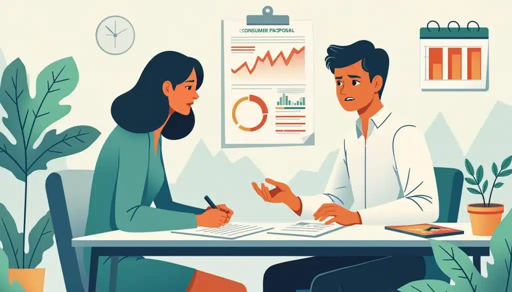 A detailed illustration of a person meeting with a financial advisor, looking concerned about their credit report. There are visual elements like credit sc