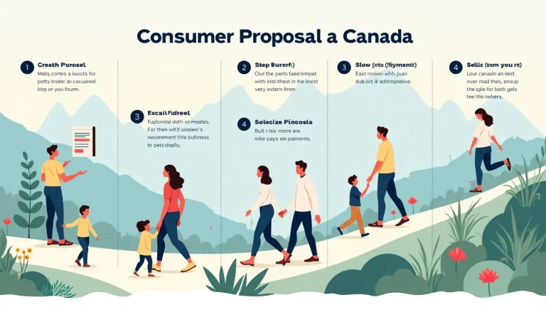 A detailed illustration of the consumer proposal process in Canada. An infographic style image showing a step-by-step breakdown of how a consumer proposal