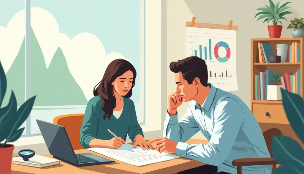 Create a detailed illustration showing a financial advisor explaining a consumer proposal to a couple. The advisor is pointing to a document on the table w