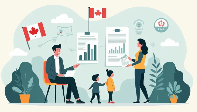 A detailed illustration showing a professional financial advisor explaining the steps of a consumer proposal to a client, with a backdrop of Canada Revenue