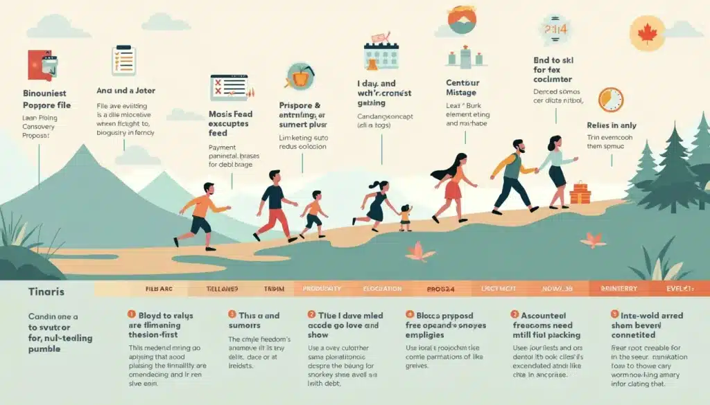 A detailed illustration of a timeline showing the stages of a consumer proposal process, including key milestones such as the initial filing, creditor meet