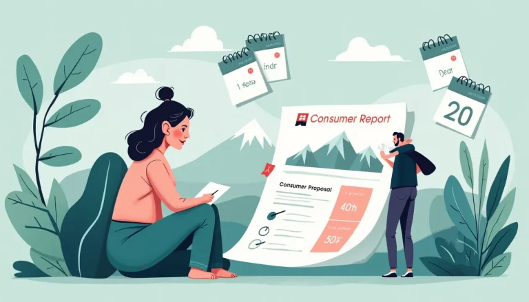 A detailed illustration showing a credit report document with a highlighted section labeled Consumer Proposal. An individual is seen closely examining the