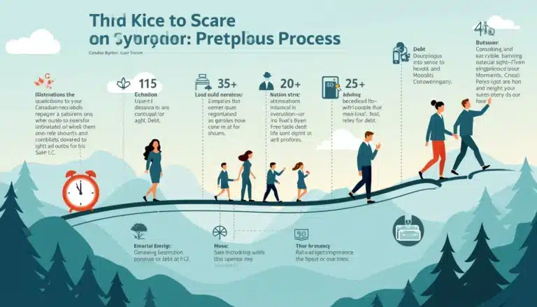 A detailed infographic depicting the timeline of a consumer proposal process, showing steps from initial consultation with a debt advisor, to negotiating w