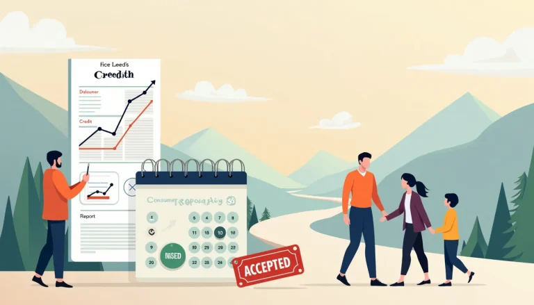 Create an image depicting a credit report with a calendar and a consumer proposal document. The credit report should show fluctuating scores over time, the