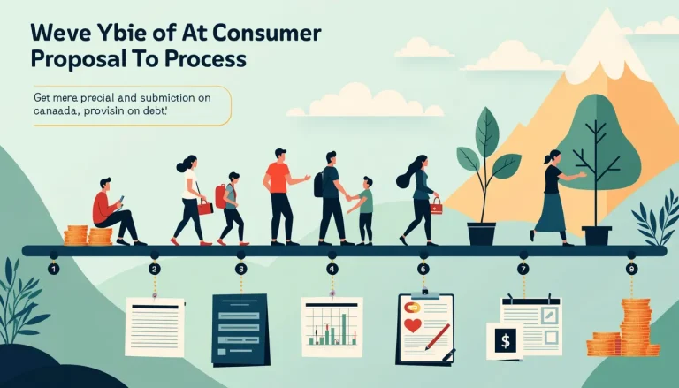 A clean, detailed infographic illustrating a timeline of a consumer proposal process, starting with the submission, followed by stages like review, negotia