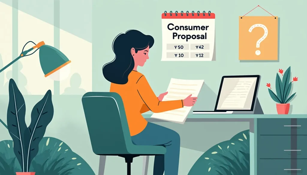 An illustrated infographic showing a person reading through documents labeled Consumer Proposal in an office setting, with a calendar on the wall indicatin