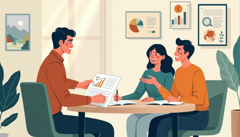 An illustration of a friendly financial advisor explaining the concept of a consumer proposal to a couple sitting at a desk, with paperwork and graphs. The