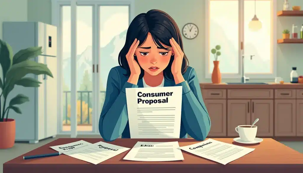 An image of a worried person sitting at a kitchen table, surrounded by overdue bills and financial documents. The person is looking at a letter with the wo