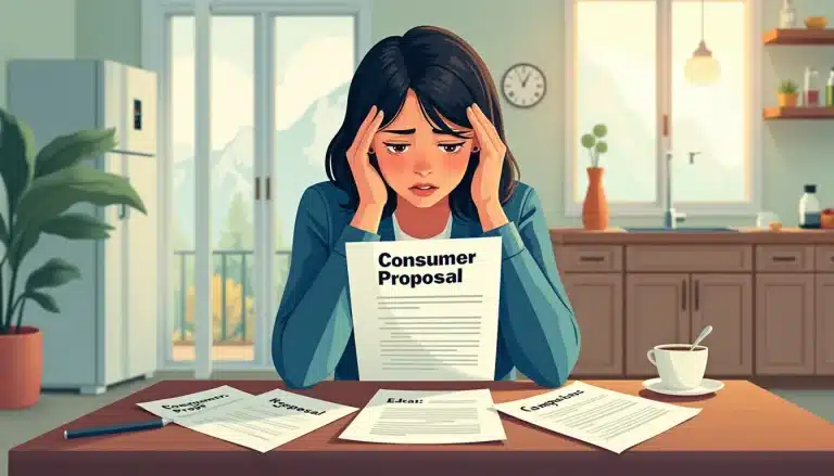 An image of a worried person sitting at a kitchen table, surrounded by overdue bills and financial documents. The person is looking at a letter with the wo