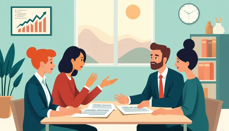 Create an illustration depicting a financial advisor sitting at a desk with documents labeled Consumer Proposal, explaining the process to a diverse group