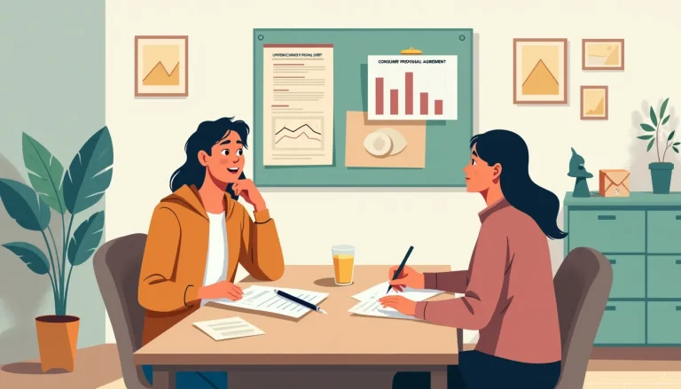 An illustration of a calm, professional meeting room where an individual, looking relieved and hopeful, is sitting across the table from a financial adviso